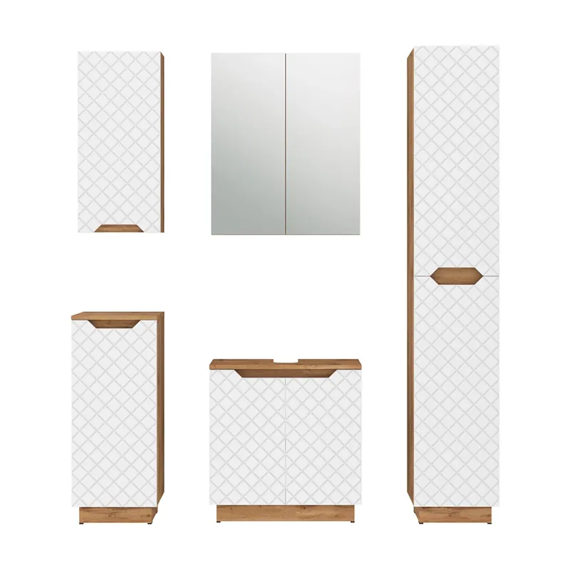 Set mobilier baie Lotta Stejar/alb cu structură din țiglă 5 părți Vicco Reduceri