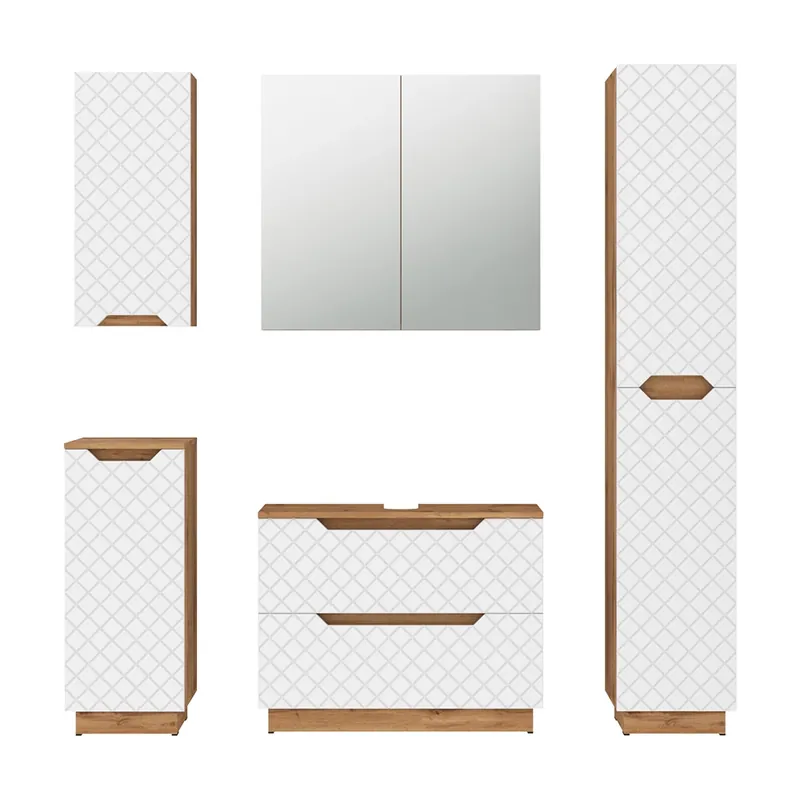 Comandă acum Set mobilier baie Lotta Stejar/alb cu structură din țiglă 5 părți Vicco