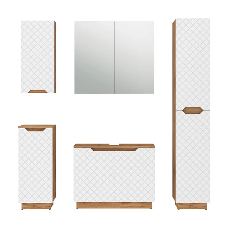 Set mobilier baie Lotta Stejar/alb cu structură din țiglă 5 părți Vicco Nu rata