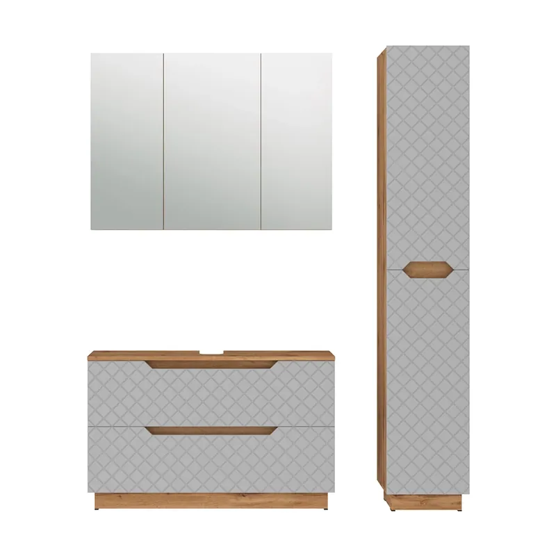 Cumpără online Set mobilier baie Lotta Stejar/gri cu structură din țiglă 3 părți Vicco