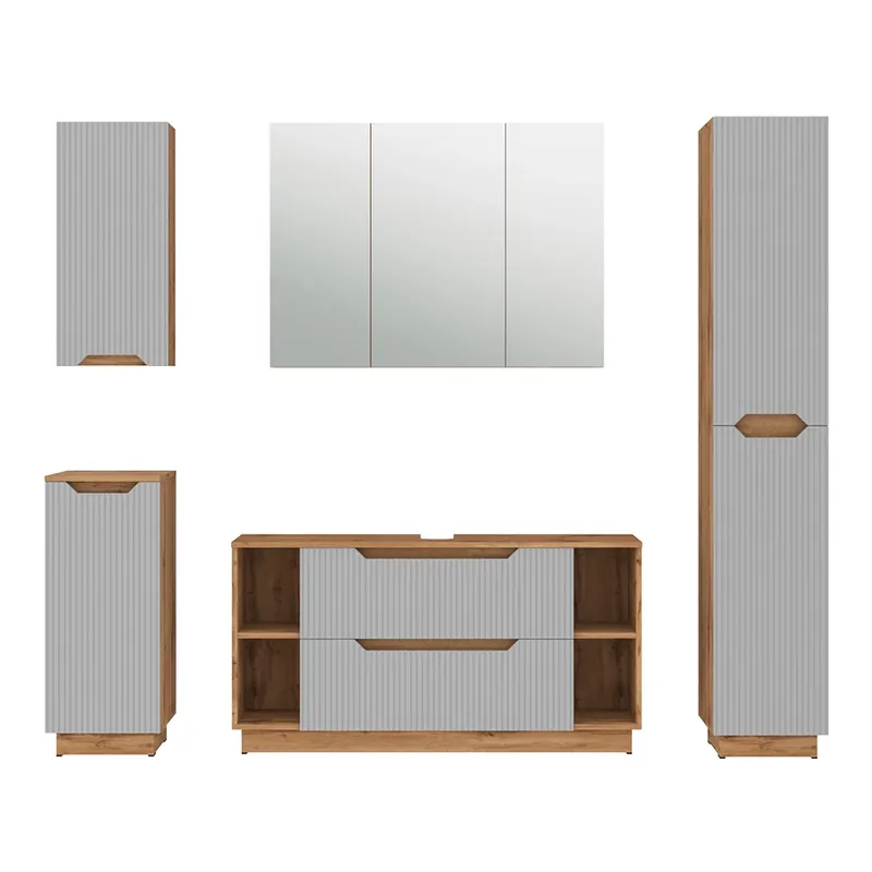 Ofertă de sezon Set mobilier baie Lotta Stejar/gri cu dungi 5 părți Vicco