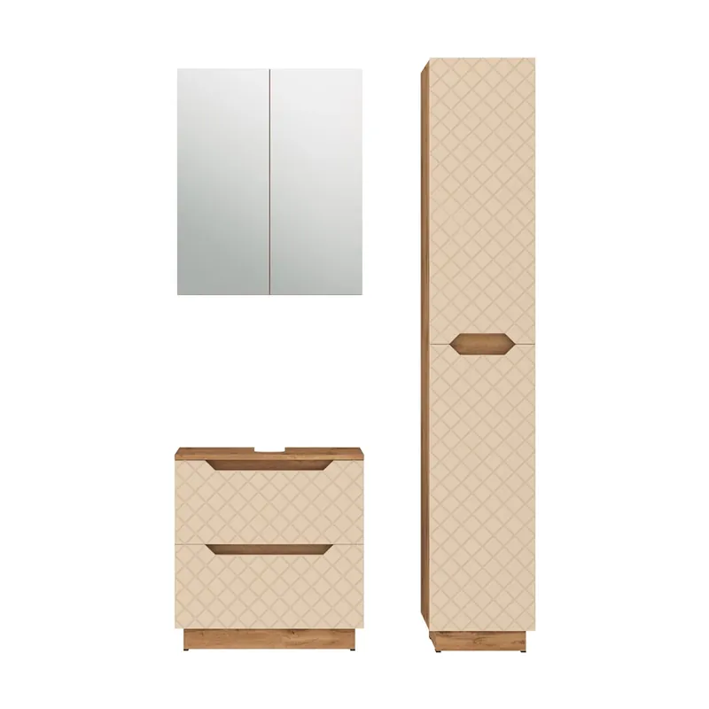 Nu rata Set mobilier baie Lotta Stejar/cașmir cu structură din țiglă 3 părți Vicco