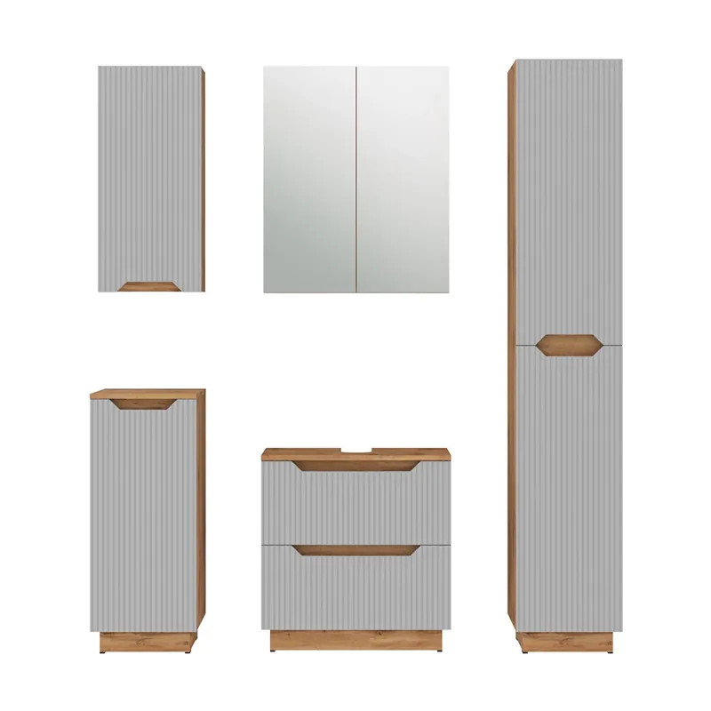 Chilipir Set mobilier baie Lotta Stejar/gri cu dungi 5 părți Vicco