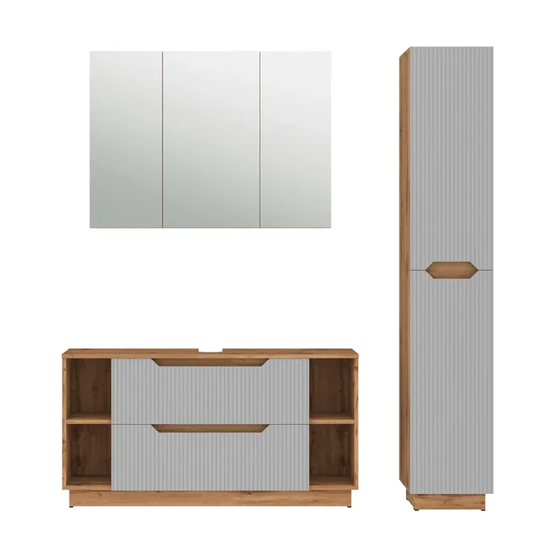 Preț promoțional Set mobilier baie Lotta Stejar/gri cu dungi 3 părți Vicco