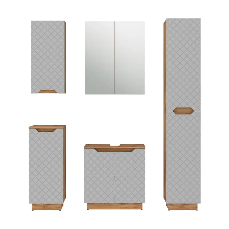 Cumpără online Set mobilier baie Lotta Stejar/gri cu structură din țiglă 5 părți Vicco