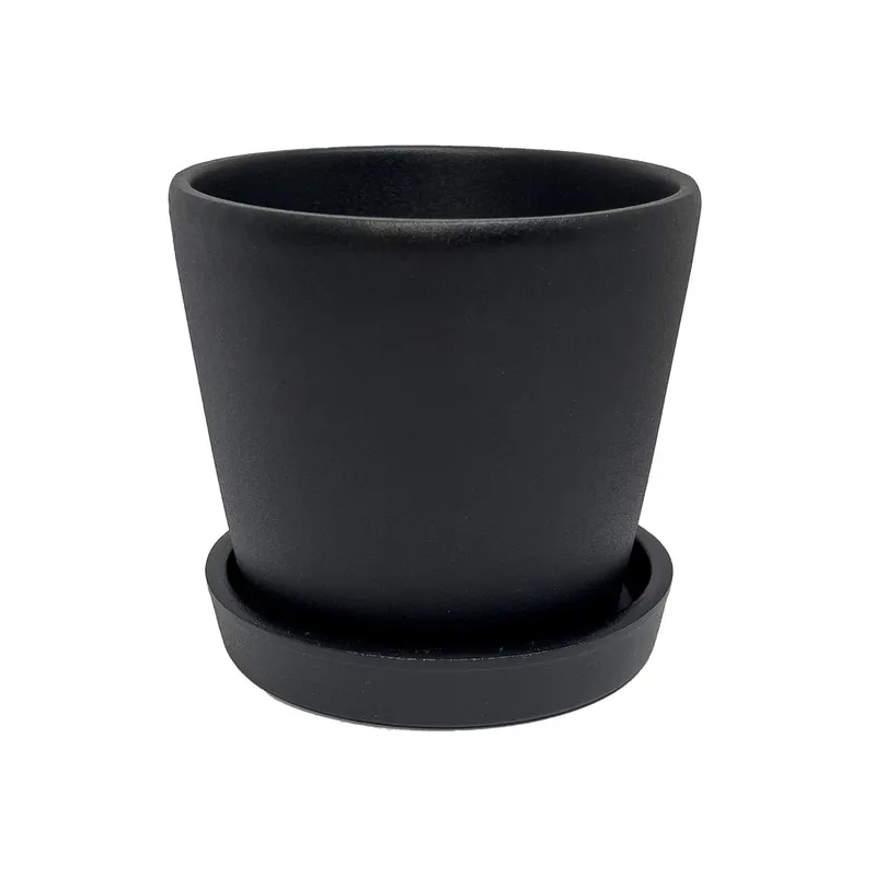 Ghiveci de flori negru mat - ceramică cu gaură + bază Calitate înaltă