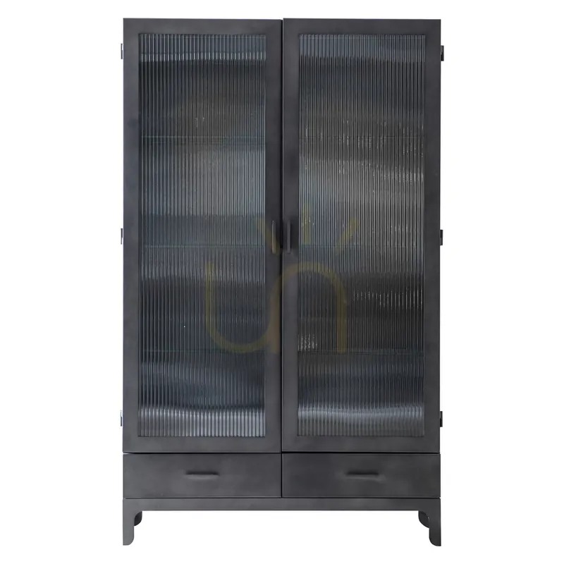 Vitrină Gallery Direct Rye 2 uși 2 sertare gri închis fier și sticlă 100x42x165 cm Preț redus