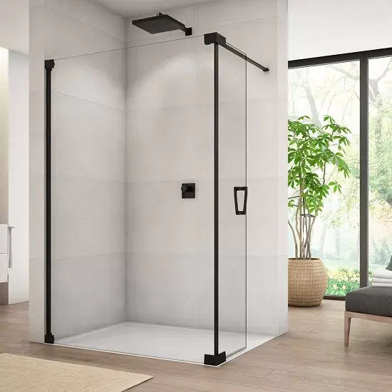 Perete de dus tip Walk-In, cu profil compensator de fixare pe perete si o parte mobila, Ronal Cadura CADUO Black Line Reduceri