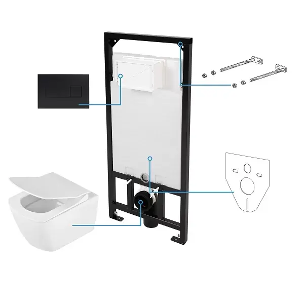 Set vas wc suspendat Rimless, cu capac soft close si rezervor incastrat, cu clapeta neagra, Deante Anemon CDZN6ZPW Premium