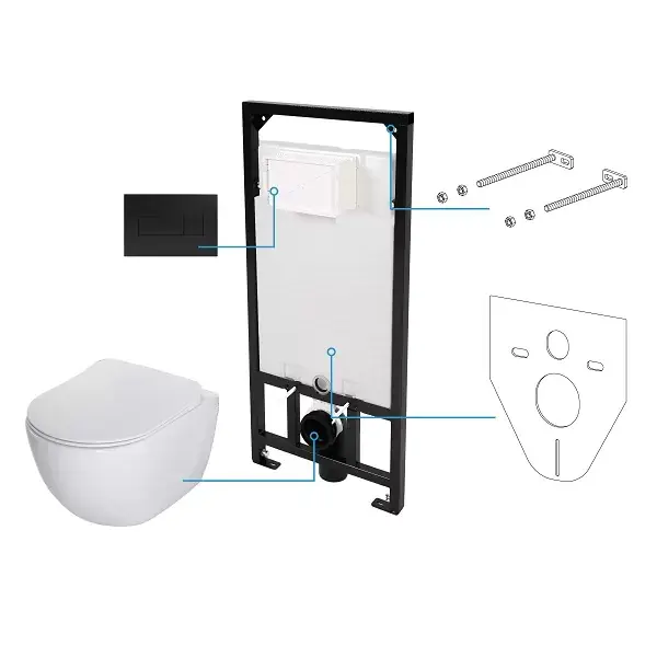 Set vas wc suspendat Rimless, cu capac soft close si rezervor incastrat, cu clapeta negru, Deante Peonia CDEN6ZPW Popular