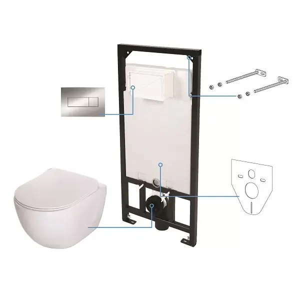 Set vas wc suspendat Rimless, cu capac soft close si rezervor incastrat, cu clapeta crom, Deante Peonia CDES6ZPW Reducere specială