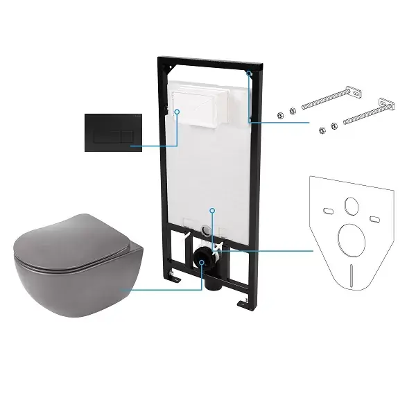 Plată securizată Set vas wc suspendat Rimless, cu capac soft close, antracit si rezervor incastrat, cu clapeta neagra, Deante Peonia CDENDZPW