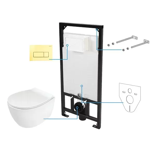 Comandă acum Set vas wc suspendat Rimless, cu capac soft close si rezervor incastrat, cu clapeta auriu, Deante Silia CDLZ6ZPW