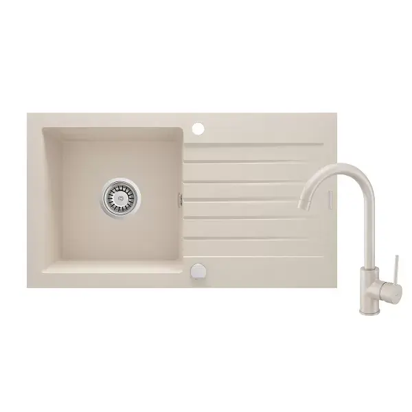 Set chiuveta bucatarie granit 76x44 cm, cu baterie bucatarie, beige mat, Deante Zorba ZQZV5113 Doar azi