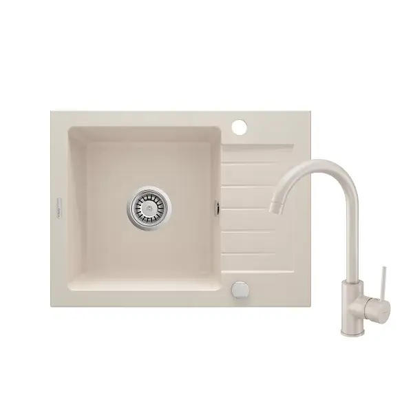 Chiuveta bucatarie granit 58x44 cm, cu baterie bucatarie, beige mat, Deante Zorba ZQZA511A Cumpără online