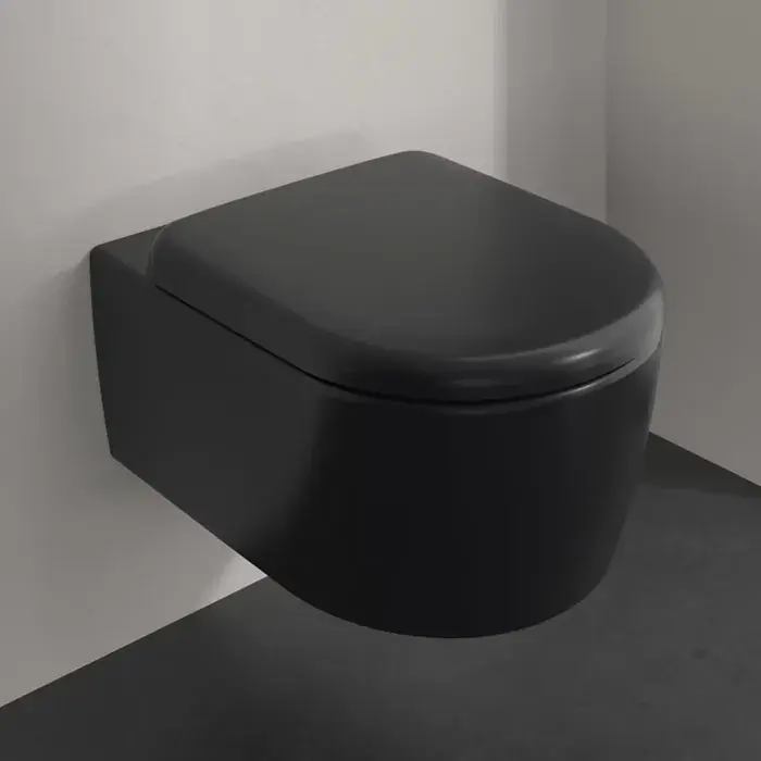 Cel mai vândut Set Vas wc suspendat Rimless, cu TwistFlush, CeramicPlus, cu capac soft close, negru mat (Pure Black), Villeroy & Boch Skyla 5656CLR7