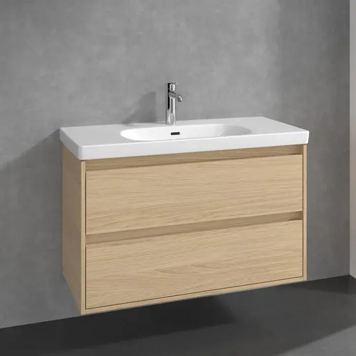 Ofertă limitată Set Mobilier de baie cu lavoar ceramic, 100 cm, stejar nordic, Villeroy & Boch Skyla C79900VJ+5A51A201