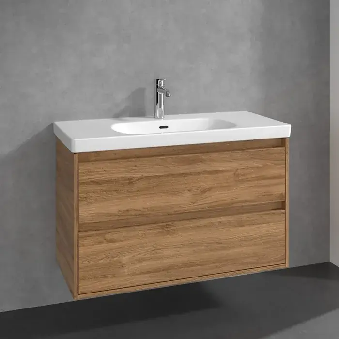 Discount Set Mobilier de baie cu lavoar ceramic, 100 cm, stejar Kansas (Kansas Oak), Villeroy & Boch Skyla C79900RH+5A51A201