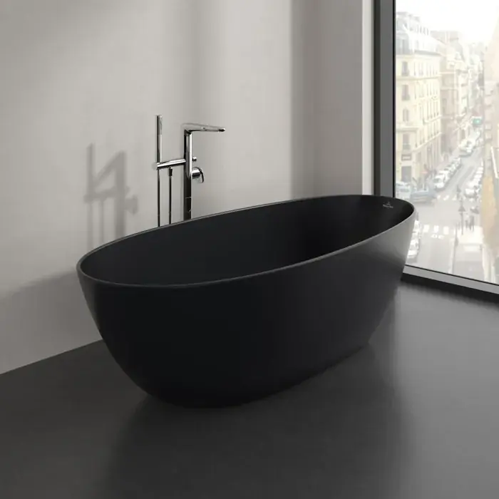 Cada de baie freestanding, ovala, 170x75 cm, Quaryl, negru mat (Pure Black), Villeroy & Boch Antao UBQ170TAO7V-R7 Ofertă exclusivă