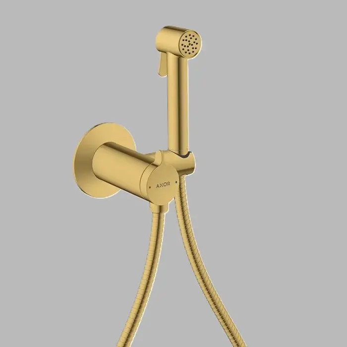 Cumpărături sigure Set dus igienic EcoSmart, cu baterie incastrata, furtun si suport, auriu lucios (Polished Gold Optic), Axor Bidette 29242990