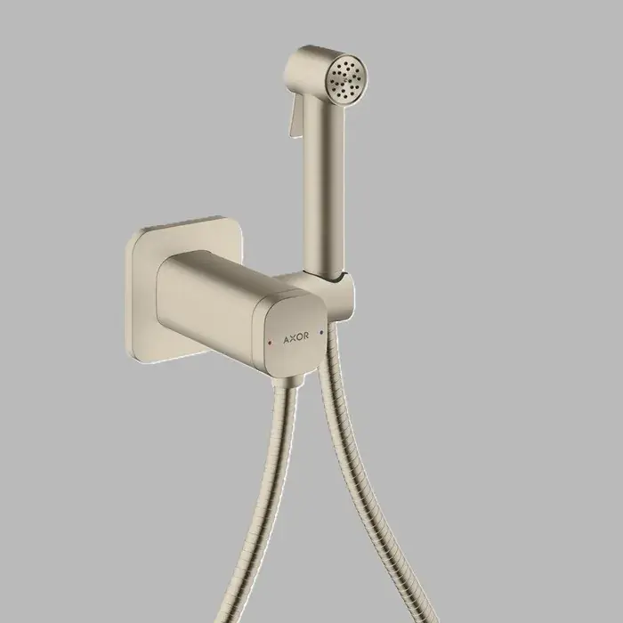 Set dus igienic EcoSmart, Softsquare, cu baterie incastrata, furtun si suport, nichel periat (Brushed Nickel), Axor Bidette 29243820 Reducere extra