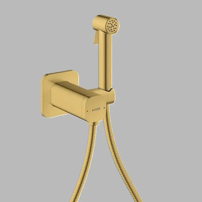Set dus igienic EcoSmart, Softsquare, cu baterie incastrata, furtun si suport, auriu lucios (Polished Gold Optic), Axor Bidette 29243990 Doar azi