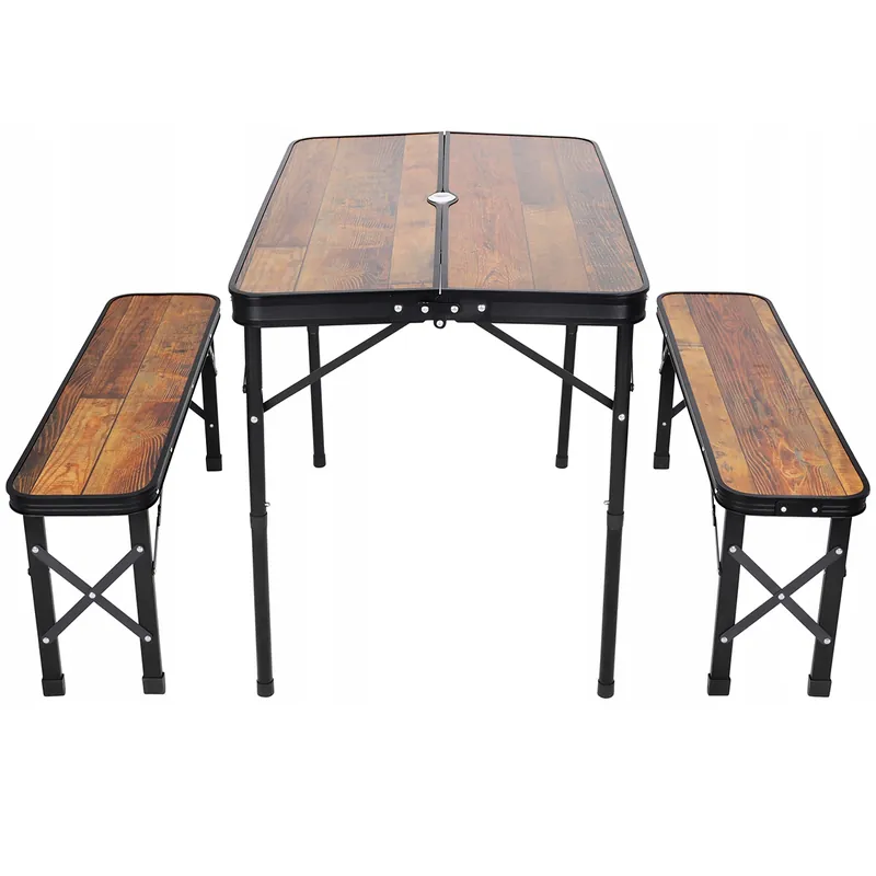 Set mobilier de camping pliabil, masa cu 2 banci, structura otel cu blat MDF, 90x60cm, maro Cumpără online
