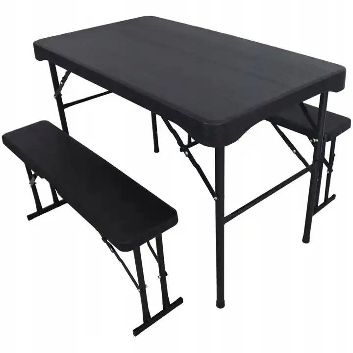 Set mobilier de camping pliabil, masa cu 2 banci, structura otel cu HDPE, 108x60cm, negru Retur gratuit