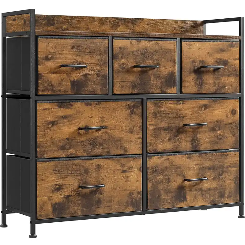 SONGMICS Comoda cu cadru metalic si 7 sertare din textil, stil industrial, 98x29x85cm, maro rustic si negru Ieftin
