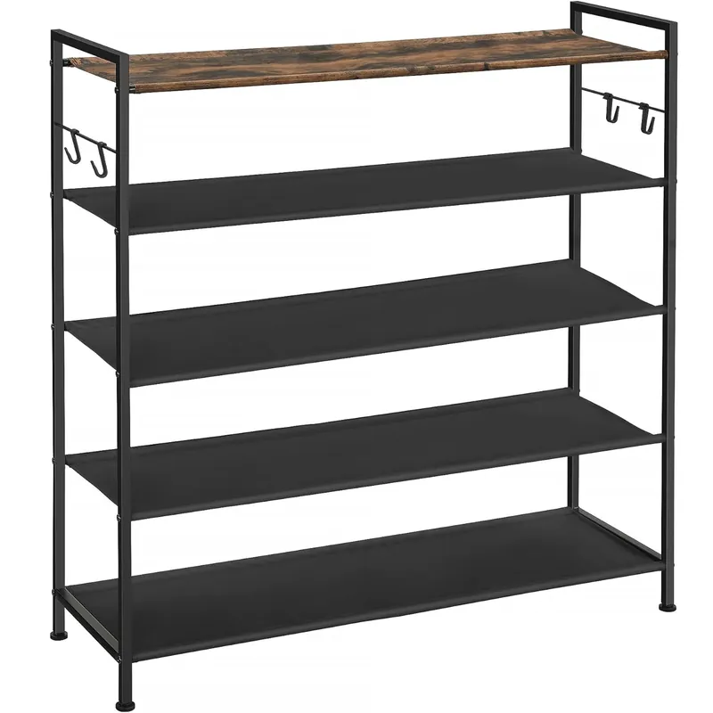 Ofertă SONGMICS Raft de depozitare pantofi, metalic, 5 nivele din tesatura oxford, pentru 20-25 perechi, 29x89x93cm, maro rustic si negru