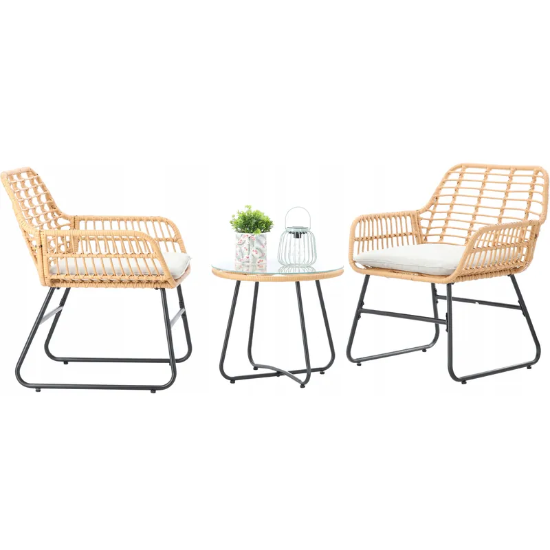 Bestseller Set mobilier gradina din ratan, 2 scaune cu perne, 1 masa rotunda, maro natur