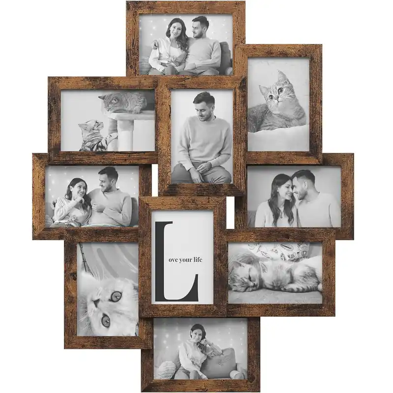 Cel mai bun preț SONGMICS Rama foto de perete din MDF, colaj de 10 fotografii, 60x49cm, maro rustic