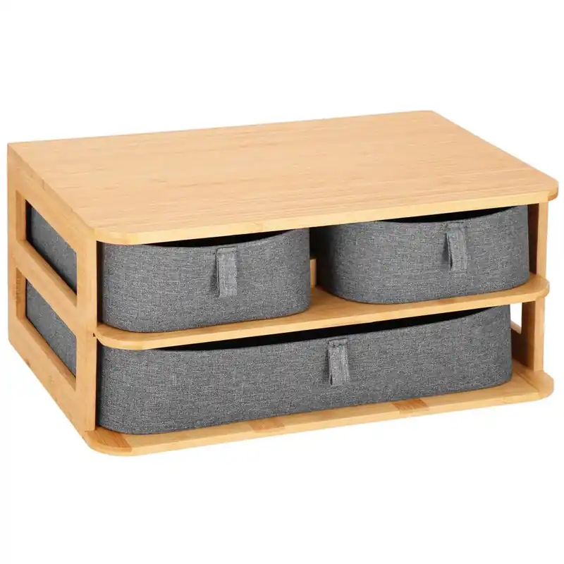 Calitate înaltă Cutie organizare din bambus, cu 3 sertare detasabile, 16x36x23cm, maro