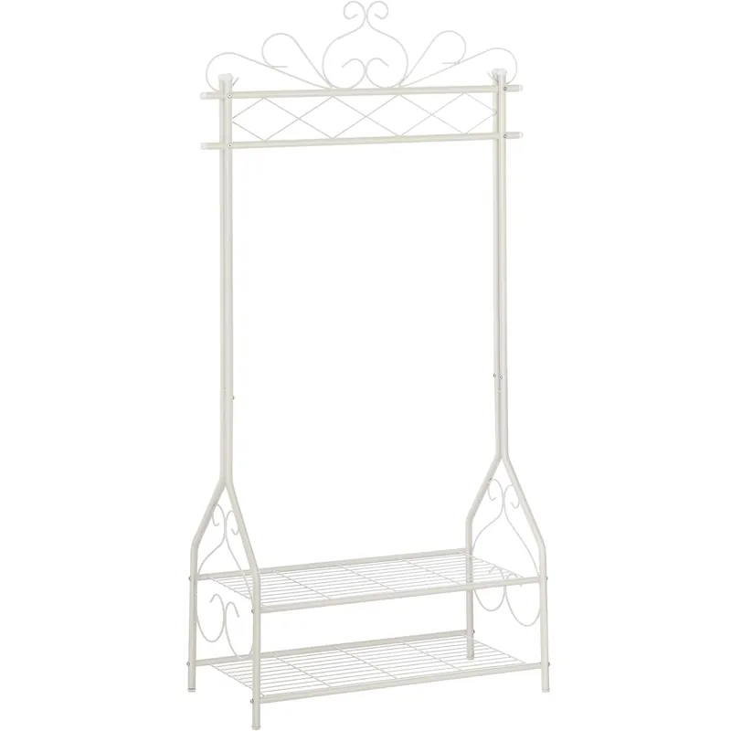Cel mai bun preț SONGMICS Suport pentru haine metalic, cu sina de agatat, 2 rafturi, 92x41x173cm, crem