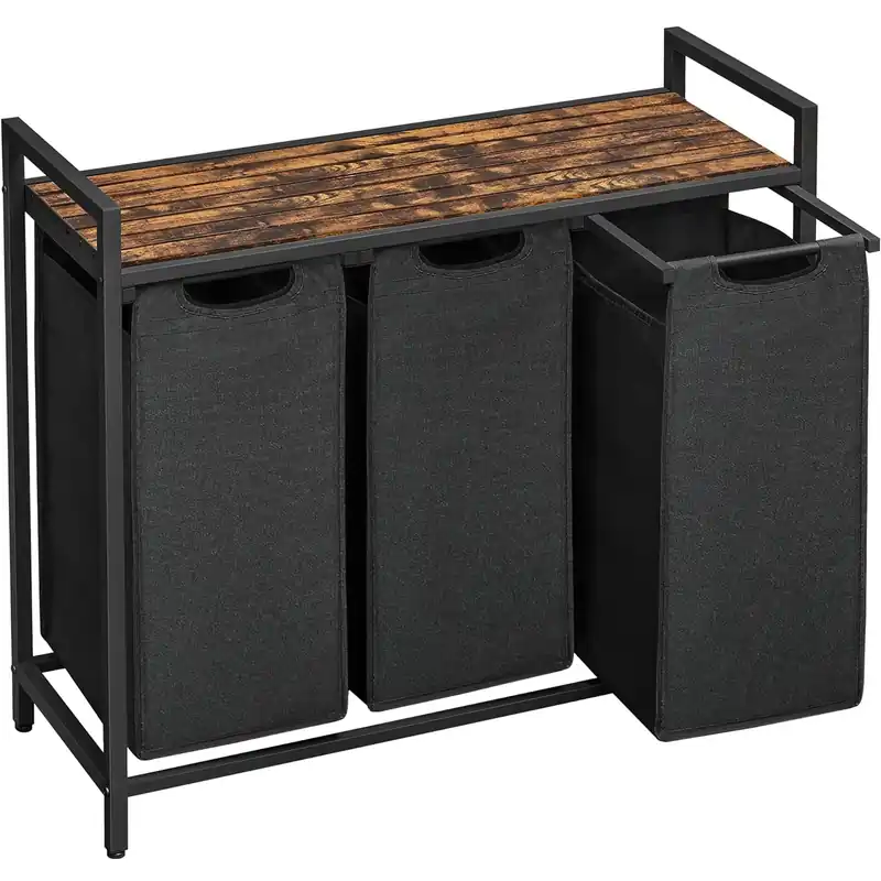 VASAGLE Cos de rufe, 3 compartimente, saci de rufe detasabili, raft, cadru metalic, 3x38L, 93x33x72 cm, maro rustic si negru Lichidare de stoc