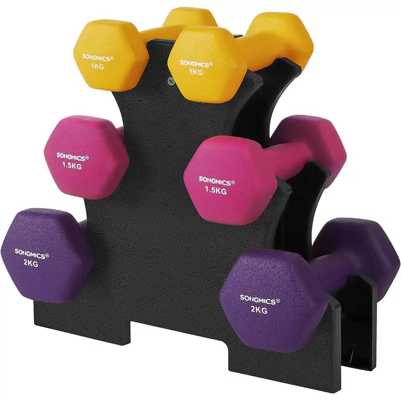 SONGMICS Set de 6 gantere hexagonale cu suport, 2x1kg 2×1.5kg 2×2 kg, multicolor Ieftin