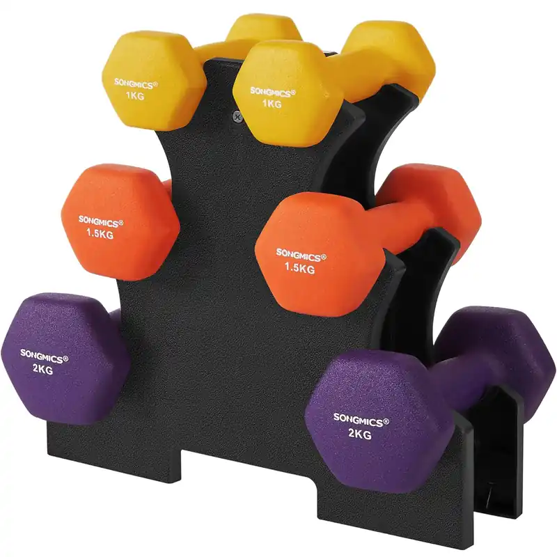 Popular SONGMICS Set de 6 gantere hexagonale cu suport, 2x1kg 2×1.5kg 2x2kg, multicolor