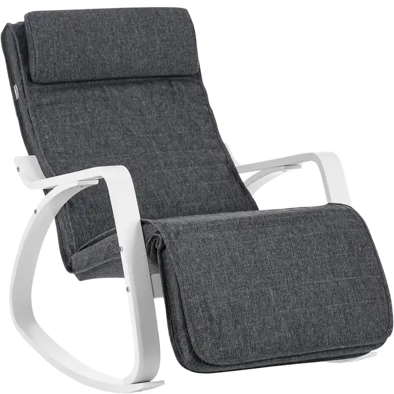 Preț mic SONGMICS Scaun balansoar din lemn, suport picioare reglabil, maxim 150kg, 67x115x91cm, gri si alb