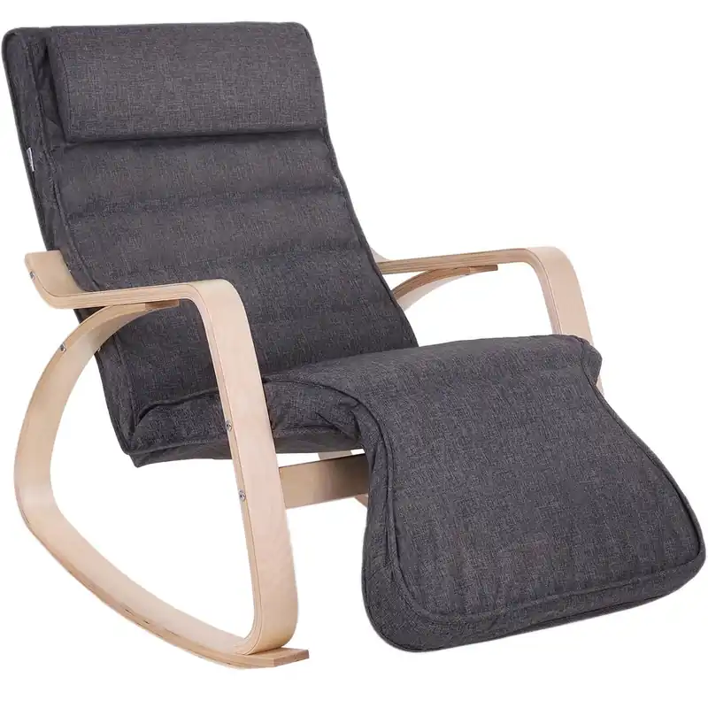 Preț promoțional SONGMICS Scaun balansoar din lemn, suport picioare reglabil, maxim 150kg, 67x115x91cm, gri inchis