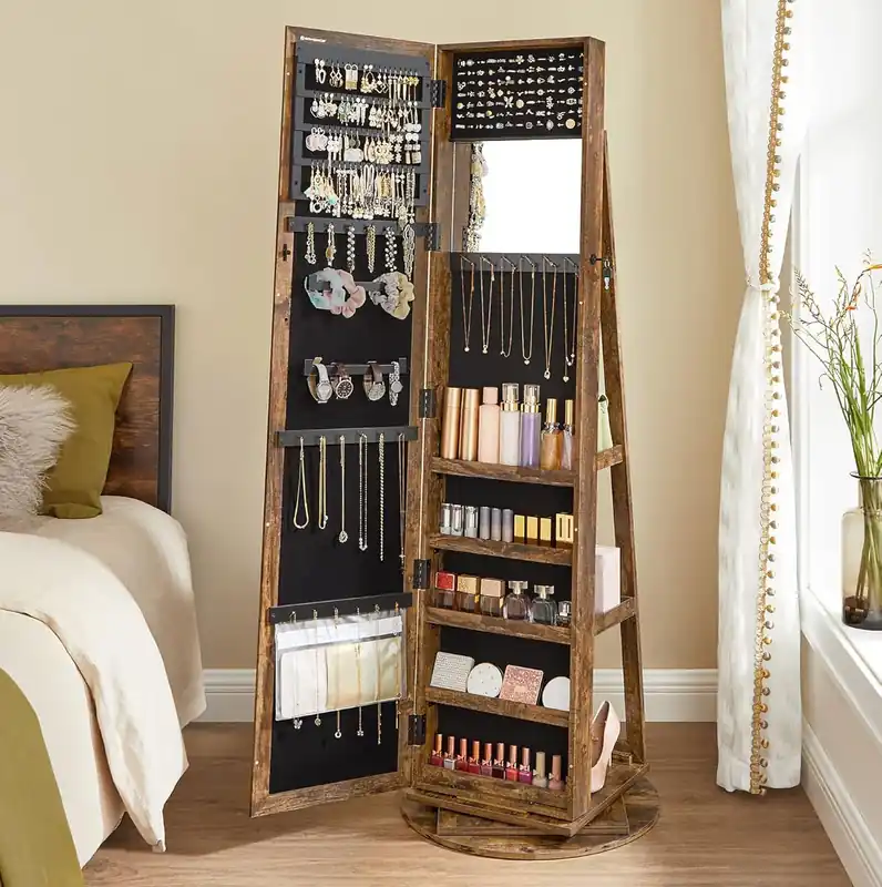 SONGMICS Oglinda de podea cu suport rotativ la 360°, cu spatiu de depozitare, 55x55x161cm, maro rustic Preț promoțional