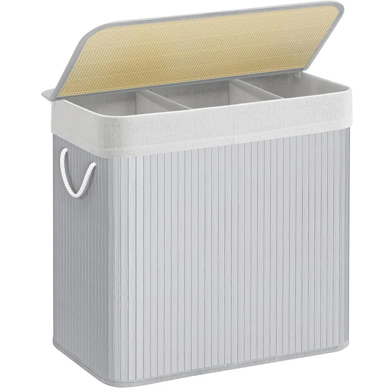 SONGMICS Cos de rufe din bambus, pliabil, cu captuseala detasabila lavabila, 3 compartimente, 150L, 60x40x62cm, gri Reducere extra