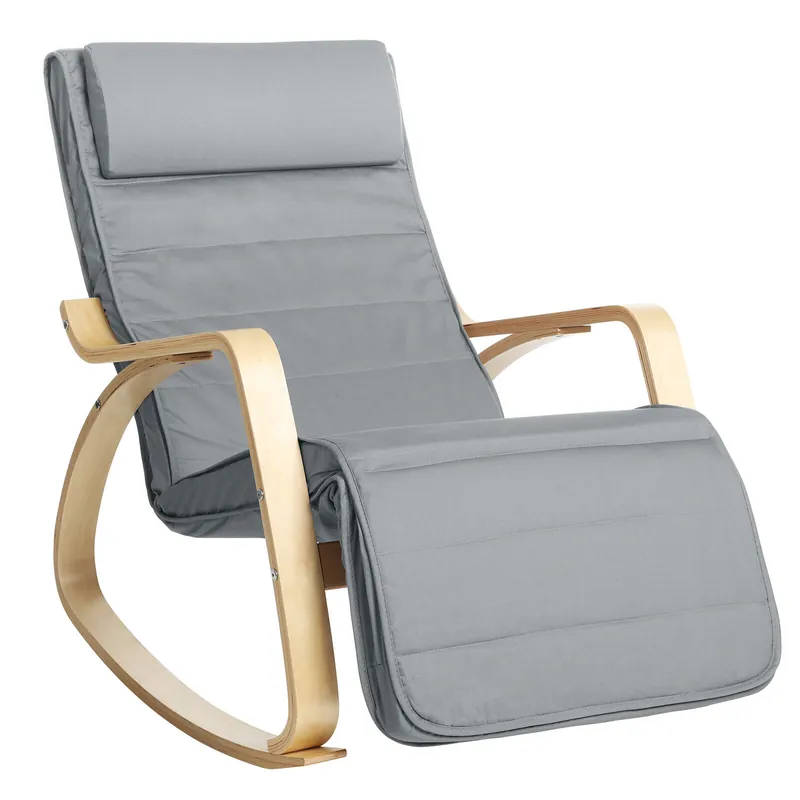 Ultima șansă SONGMICS Scaun balansoar din lemn, suport picioare reglabil, maxim 150kg, 67x115x91cm, gri deschis