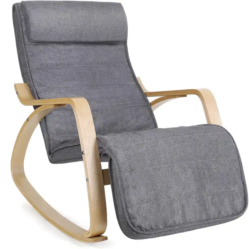 Cel mai bun preț SONGMICS Scaun balansoar din lemn, suport picioare reglabil, maxim 150kg, 55x122x84cm, gri inchis