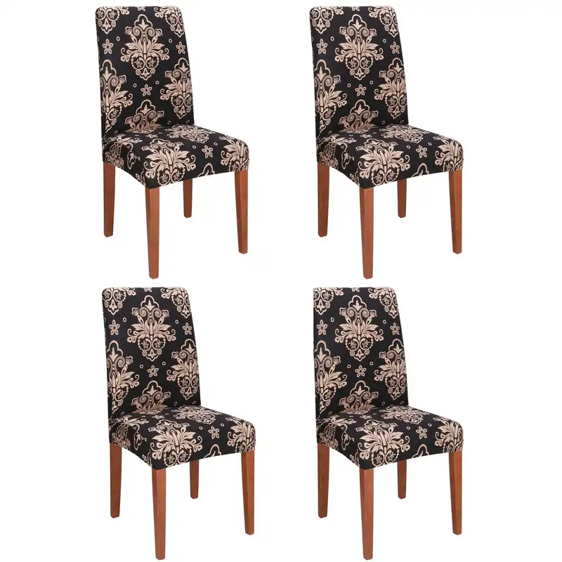 Set 4 huse pentru scaun, marime universala, poliester si spandex, 38x70cm, negru, bej Preferatul clienților