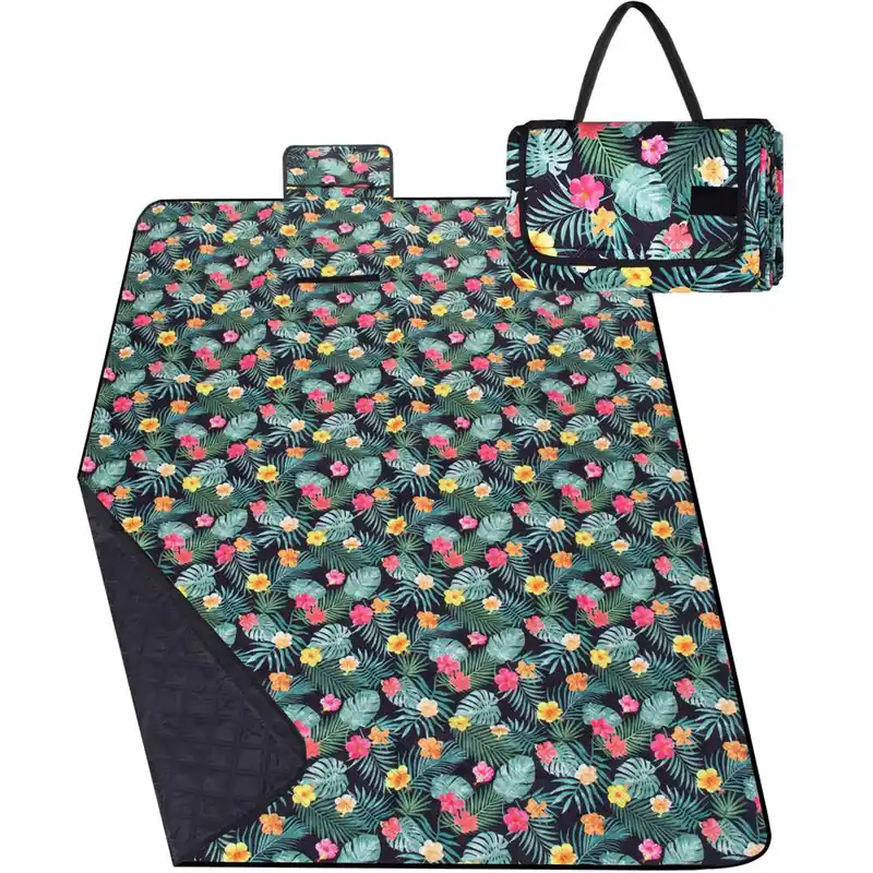 Popular Patura pentru picnic sau plaja, cu folie izolatoare si maner, 200x200cm, negru floral