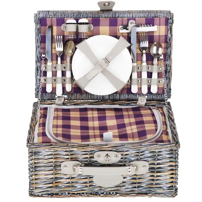Preț mic Cos de picnic echipat pentru 4 persoane Deluxe, din rachita, cu vesela si tacamuri, izolat termic, gri