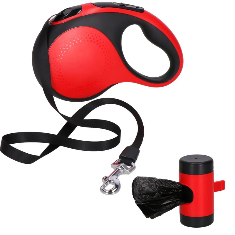 Lesa automata retractabila, pentru rase mari pana la 50kg, 500 cm, suport saci, negru rosu Chilipir