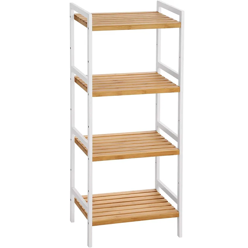 Ofertă SONGMICS Raft din bambus cu 4 nivele reglabile, pentru bucatarie sau baie, 32x45x111 cm, alb si maro