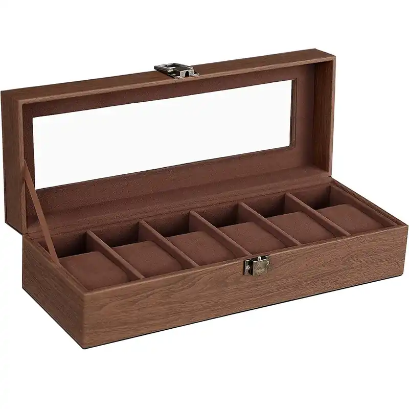 SONGMICS Cutie depozitare si organizare ceasuri, cu 6 locuri, MDF, 30x11x8 cm, maro Reducere