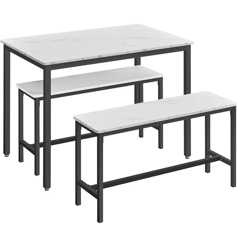Ofertă VASAGLE Masa de bar cu 2 banci, design industrial, 110x70x75 cm, alb marmura